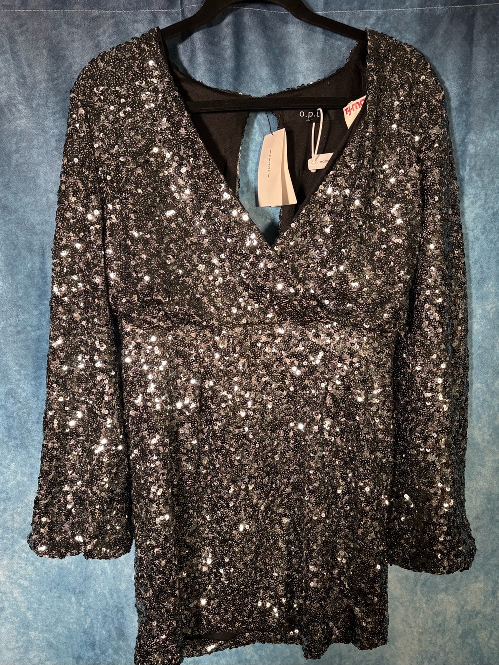 O.P.T. Silver Sequin Mini Dress L NWT V‑Neck Back Cutout